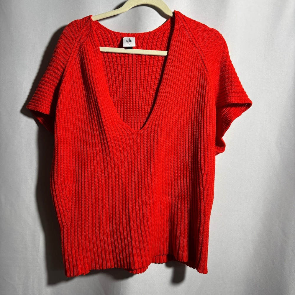 Orange Red Chunky Knit V Knit Slouchy Boxy Short Sleeve Sweater Top Oversized S